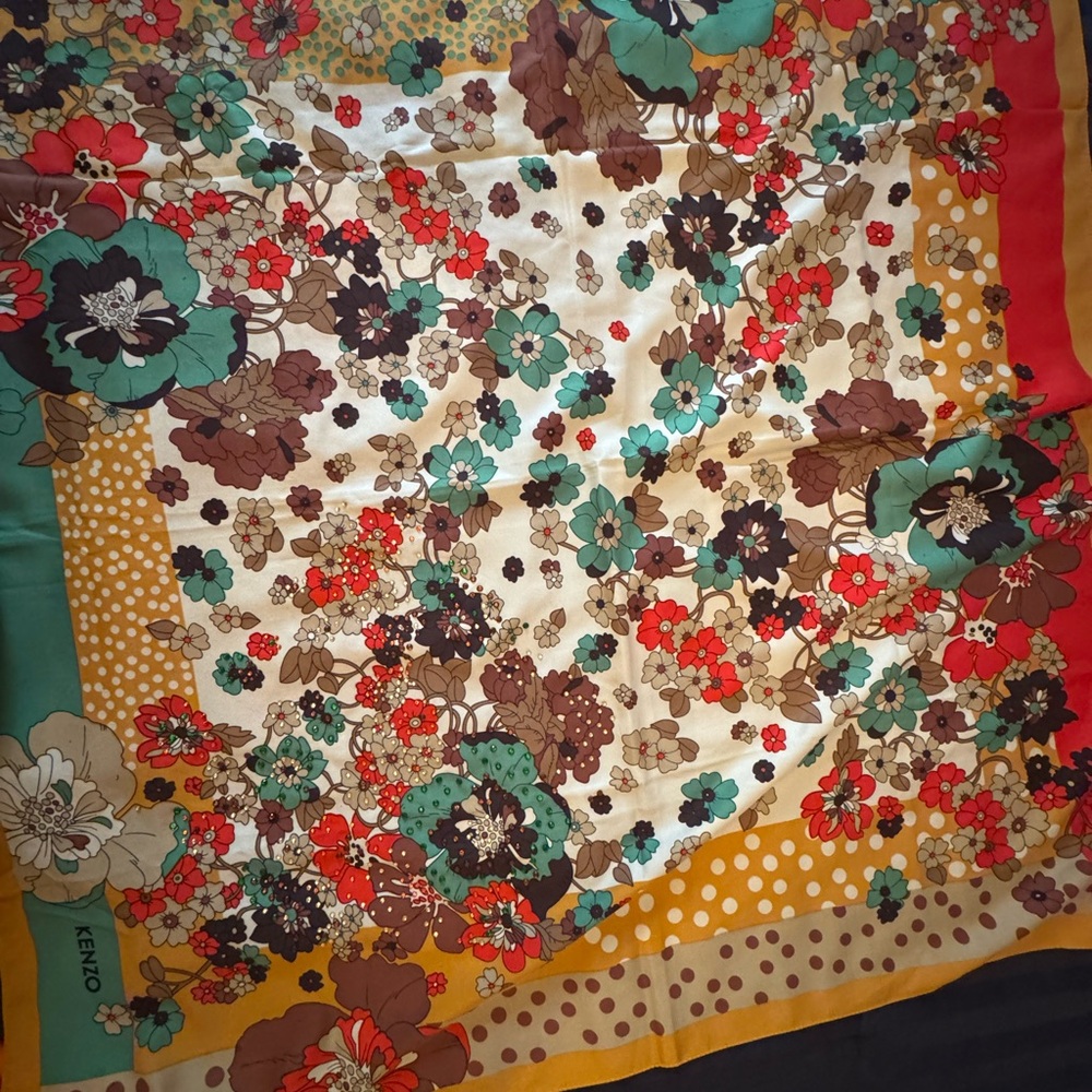 Kenzo Floral Silk Scarf in Cream, Teal, Coral & Mustard